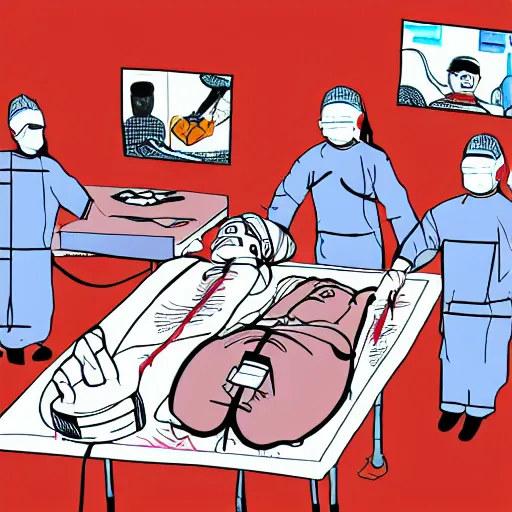 Image similar to chinese surgeons operating on a body on an operating table, in the style of daniel johnston and outsider art, 8k, line brush, minimal, overlaid with chinese adverts