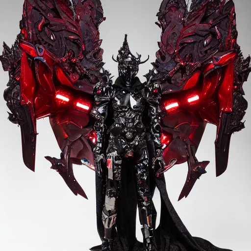 Image similar to cybernetic male demon king wearing shiny red armor and sequin cape, subtle dark accents and large fire wings, hyper details, black metal rococo, sculpted by Alex Alice, Craig Mullins, yoji shinkawa, trending on artstation, beautifully lit, Peter mohrbacher, hyper detailed, insane details, intricate, elite, elegant, luxury, ray of light through smoke, CGsociety, hypermaximalist, golden ratio, background urban cityscape, night, neofuture, volumetric, octane render, weta digital, micro details, 3d sculpture