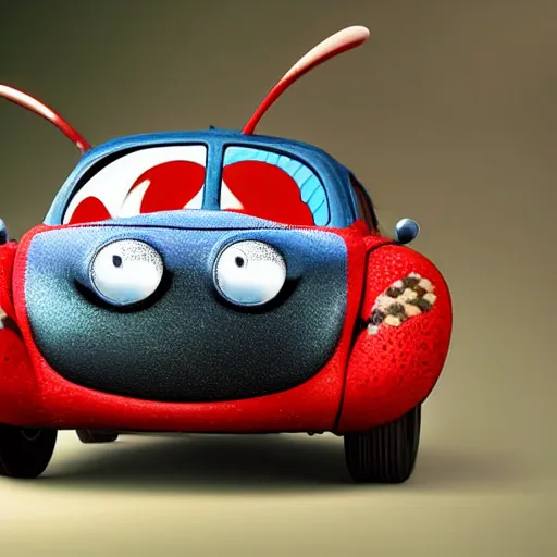 Image similar to a hybrid giant lady bug is merged with'herbie the love bug'car, digital art, hyperrealistic, imax, 7 0 mm, movie still