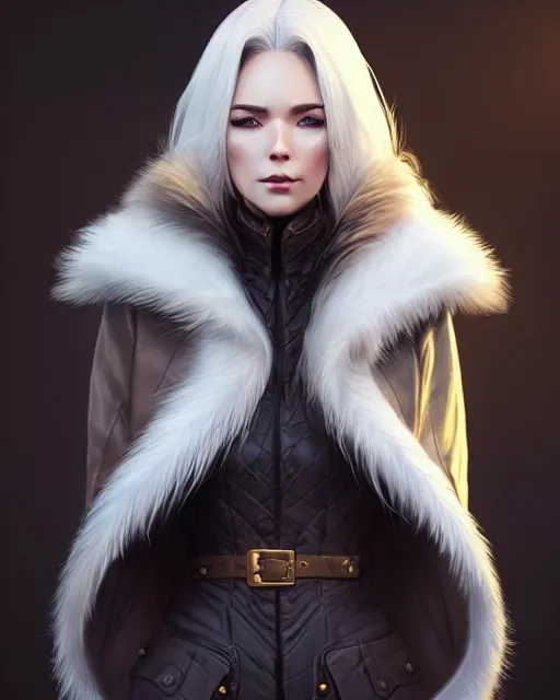 Image similar to dragon hunter wearing a fur - lined dragonhide jacket!!! beautiful and gorgeous elegant white hair!! symmetry, character concept art, sharp focus, illustration, art by artgerm!! greg rutkowski magali villeneuve wlop!! ilya kuvshinov!! charlie bowater! octane render, unreal engine 5! highly rendered!!