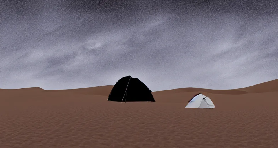 Image similar to hyper realistic matte painting of a small tent in the desert with dunes at midnight, very dark black color scheme, artstation