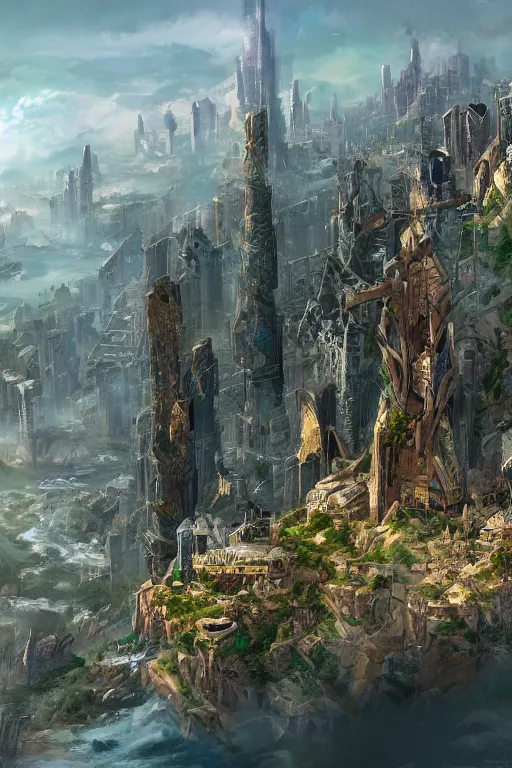 Image similar to fantasy metropolis of tall towers at the top of a cliff looking over a river, concept art, trending on artstation