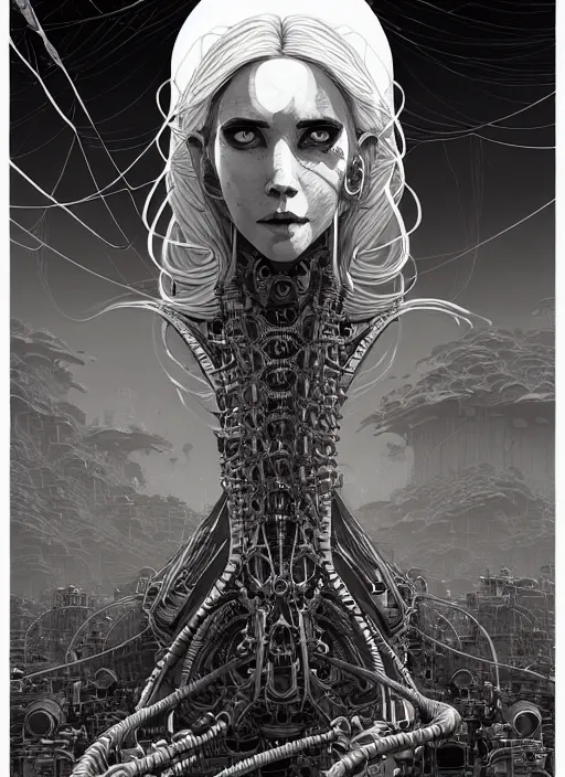 Prompt: highly detailed portrait of a biomechanical long curly white hair tribal lady, stray wiring by atey ghailan, james gilleard, by joe fenton, by greg rutkowski, by greg tocchini, by kaethe butcher, 4 k resolution, gradient yellow, black and white color scheme!!! ( ( dystopian robotic pyramid tomb background ) )