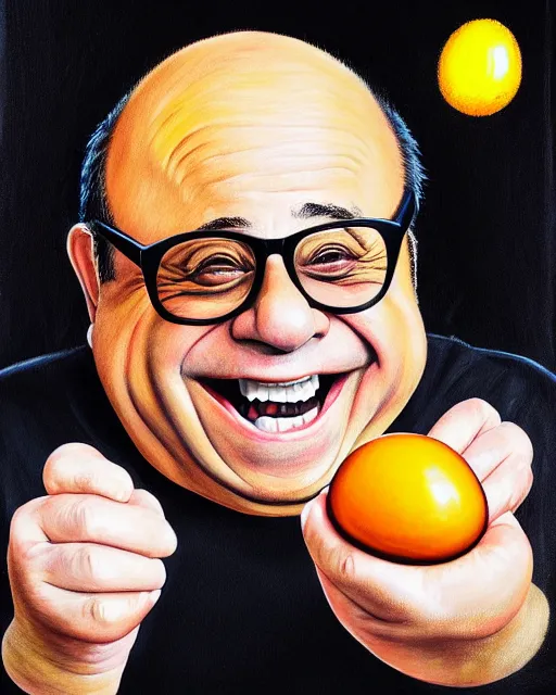 Image similar to painting portrait of danny devito as an egg, cartoon, warm lighting, danny devito has an egg body, movie poster, illustration by bartek fedyczak, erak note, tooth wu, neil richards, kan liu, siwoo kim, jisu choe, trending on art station