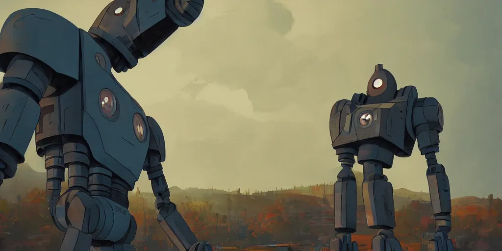 Image similar to Iron Giant, Portrait, Subject in Middle, Subject in center, Rule of Thirds, Retrofuturism, Simon Stålenhag