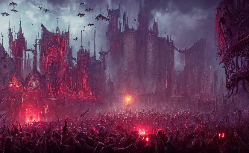 Prompt: a emo band performing a castle with a mosh pit of vampires, moebius, greg rutkowski, zabrocki, karlkka, jayison devadas, phuoc quan, trending on artstation, 8 k, ultra wide angle, video game graphics, realistic art, zenith view, cyberpunk pincushion lens effect