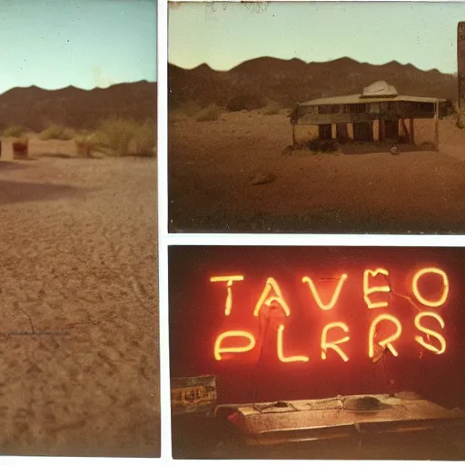 Image similar to old polaroids of taverns in northern namibia with neon signage