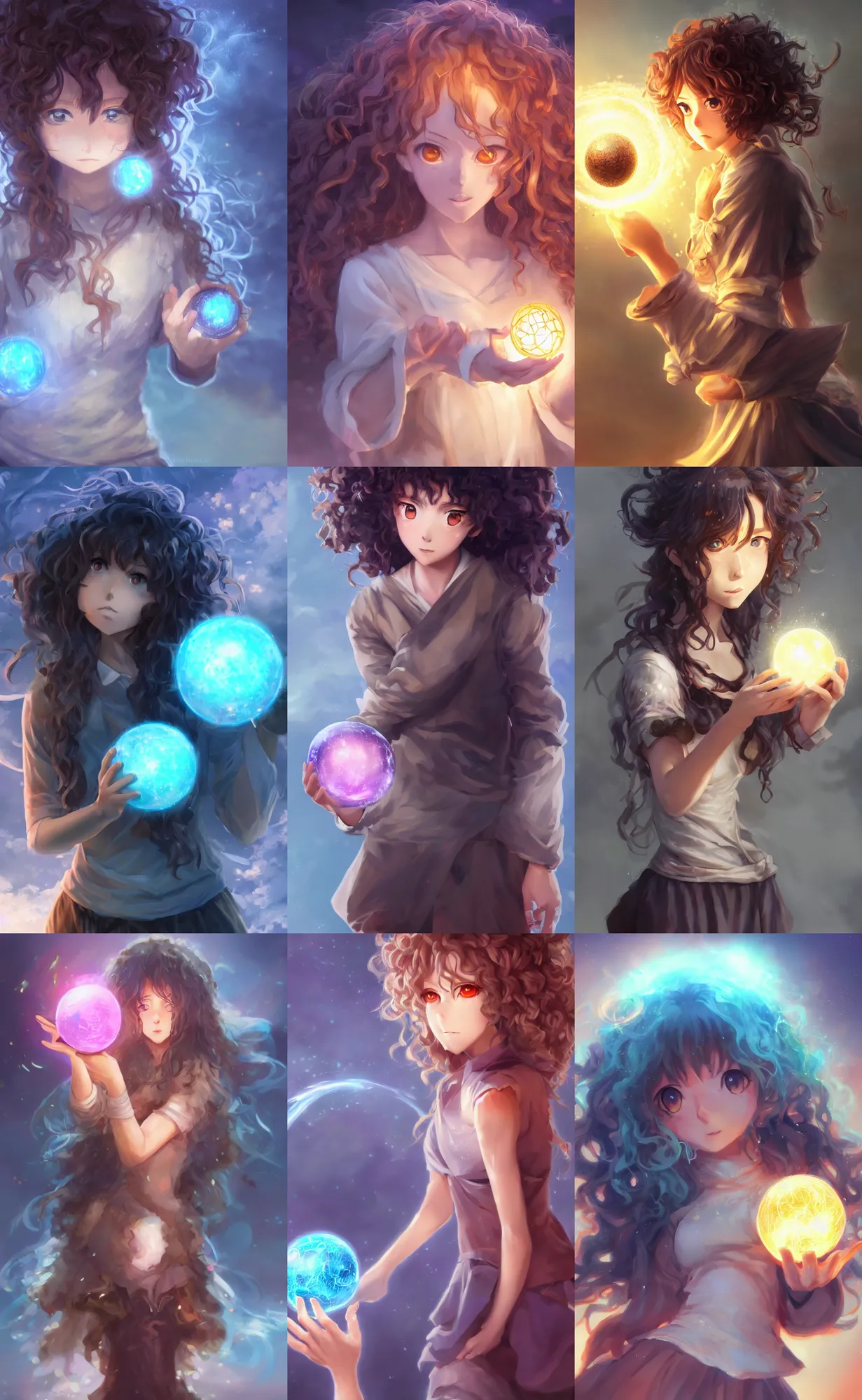 Prompt: anime girl with curly hair holding a magical orb, wlop, concept art, digital painting, trending on artstation, highly detailed, epic composition, 8 k uhd
