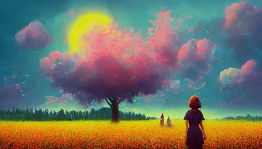 Image similar to girl with an blooming flower face, surreal photography, dream, standing in flower field, hills, big trees, sunrise dramatic light, impressionist painting, colorful clouds, digital painting, pointillism, artstation, simon stalenhag