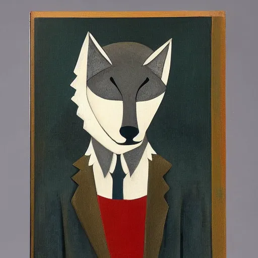 Prompt: A Bauhaus style painting of a anthropomorphic furry wolf