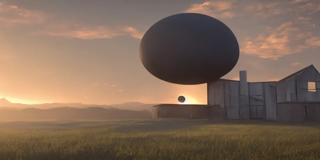 Image similar to a serene landscape with a singular building at sunrise with a giant jupiter appearing in the sky, digital art, concept art, octane render, unreal engine 5, hyperrealistic, highly detailed, high quality, 4K, low contrast, soft lighting, path tracing, complementary colors, natural lighting, geometric