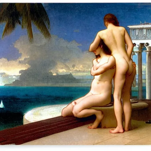 Image similar to Silhouette of two girls at the palace, thunderstorm, greek pool, beach and palm trees on the background major arcana sky, by paul delaroche, alphonse mucha and arnold böcklin arnold böcklin hyperrealistic 8k, very detailed