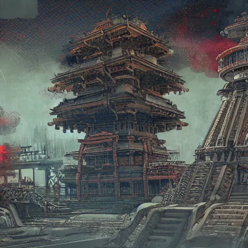 Prompt: Ukiyoe Thanjavur painting of atompunk dystopian retrofuture dark souls temple illustrated by Eddie Mendoza ,Maximalism, Art Nouveau