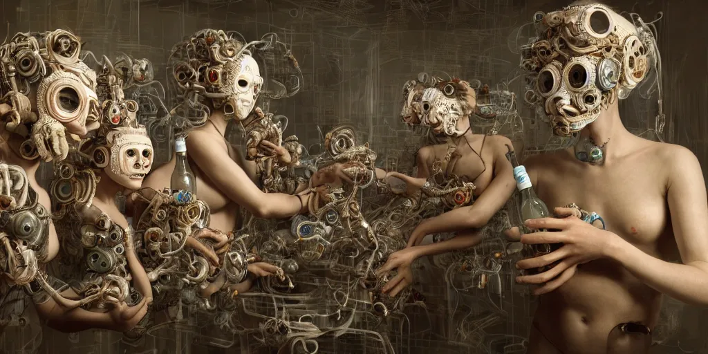 Prompt: hyperrealistic photography of cyborg angels wearing manniquin masks assisting a feathered machine making bottles with multiple cables and cogs in the style of Jin Kagetsu, patricia piccinini, James Jean and wlop, highly detailed, masterpiece, award-winning, sharp focus, intricate concept art, ambient lighting, 8k, artstation