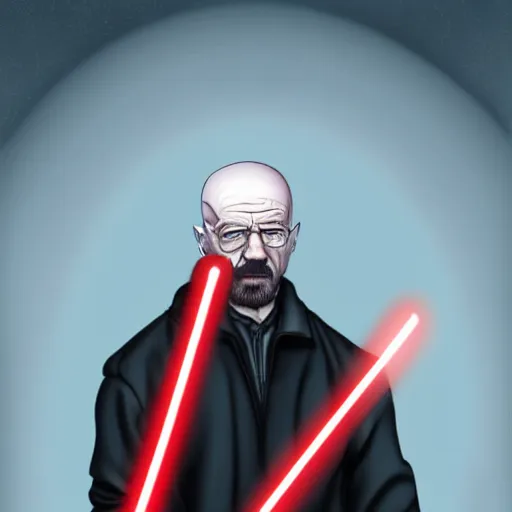 Prompt: Walter White holding a red light saber, accurate anatomy, accurate hands, highly detailed, digital art, portrait,