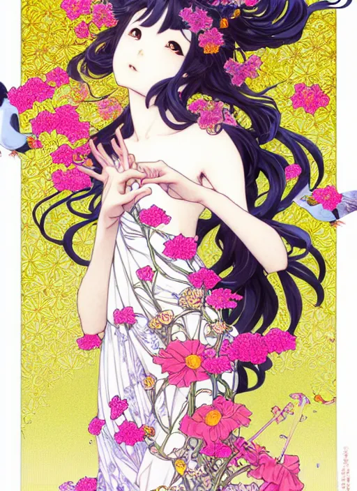 Image similar to exquisite imaginative manga poster of a girl, long wavy hair, flowers, rococo dress, pigeons, shimmering, by kojima ayami, shigenori soejima, minaba hideo, alphonse mucha, jump comics, shogakukan, art nouveau, illustration, artstation, highly detailed, 8 k, fluorescent, maximalist