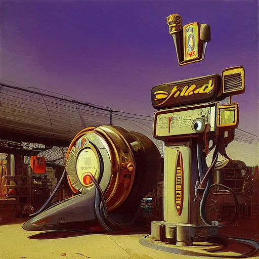 Prompt: painting of syd mead artlilery scifi organic shaped gas pump with ornate metal work lands on a farm, fossil ornaments, volumetric lights, purple sun, andreas achenbach