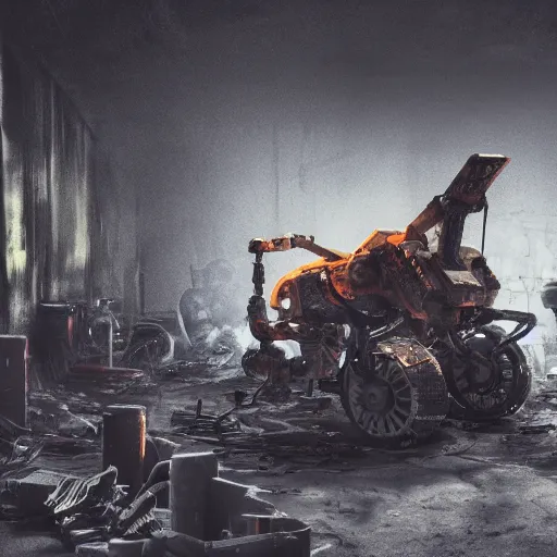 Image similar to wheelbarrow mecha, dark messy smoke - filled cluttered workshop, dark, dramatic lighting, orange tint, sparks, cinematic, highly detailed, sci - fi, futuristic, movie still