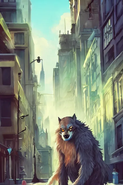 Image similar to fluffly werewolf, city background, sunny, city street, digital art, cute, artstation