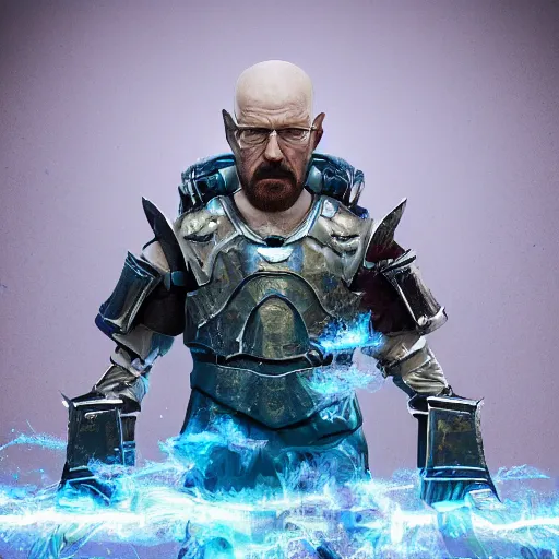 Image similar to Walter White in battle armor with shields, 4k octane render, highly detailed