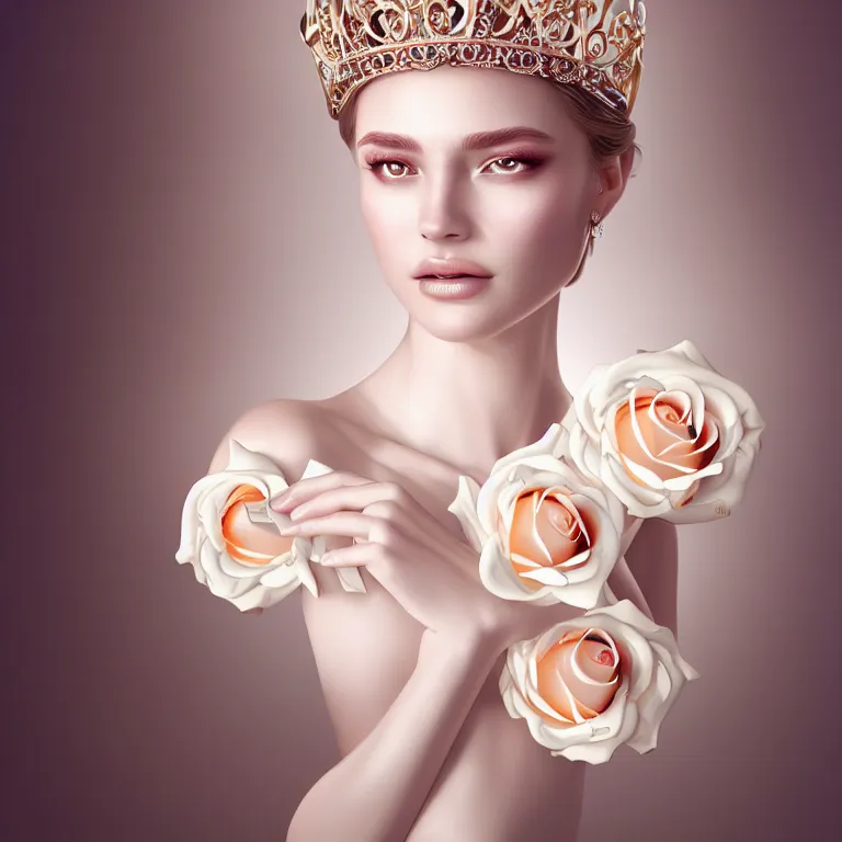 Prompt: wonderful princess with a clear skin ornate of cream liquid semi transparent roses, 8 k gorgeous delicate cream detailed, accent white lighting, dramatic light, octane render