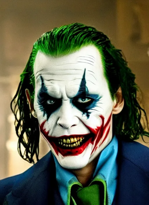 Image similar to film still of Johnny Depp as The Joker in The Dark Knight, 4k