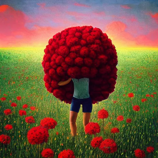 Image similar to giant red carnation afro head, full body, girl walking in the middle of a field with flowers, surreal photography, hills, sunrise dramatic light, impressionist painting, colorful clouds, digital painting, pointillism, artstation, simon stalenhag