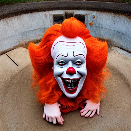 Image similar to pennywise the clown with sharp teeth, red nose and orange hair smiling evilly from storm drain