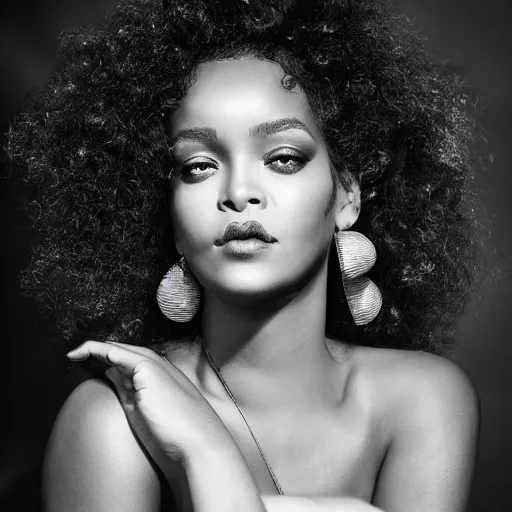 Image similar to sultry rhianna with a curly afro, cinematic pose, intricate hair details, jewellery, big hooped earrings, long nails, off the shoulder shirt, soulful, pouty lips, real life details, soft shadows, sharp focus, volumetric lights, rim light, model, beautiful, gorgeous