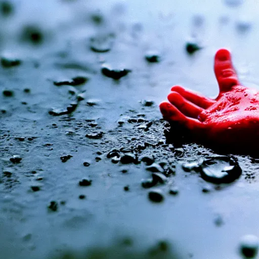 Prompt: filmic closeup dutch angle movie still 4k UHD 35mm film color photograph of a freshly amputated hand sitting on top of a puddle of blood