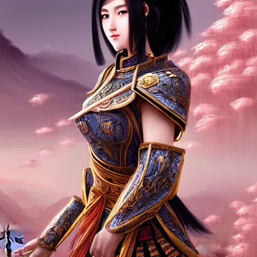 Image similar to portrait black hair young knights of Dynasty Warriors girl, rose golden color armor, in ruin chinese palace rooftop sunrise, ssci-fi and fantasy, intricate and very beautiful and elegant, highly detailed, digital painting, soft light, artstation, concept art, smooth and sharp focus, illustration, art by tian zi and WLOP and alphonse mucha