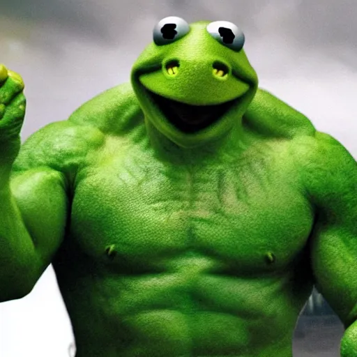 Image similar to a film still of kermit the frog as the hulk in the new avengers movie, realistic action movie, 4 k