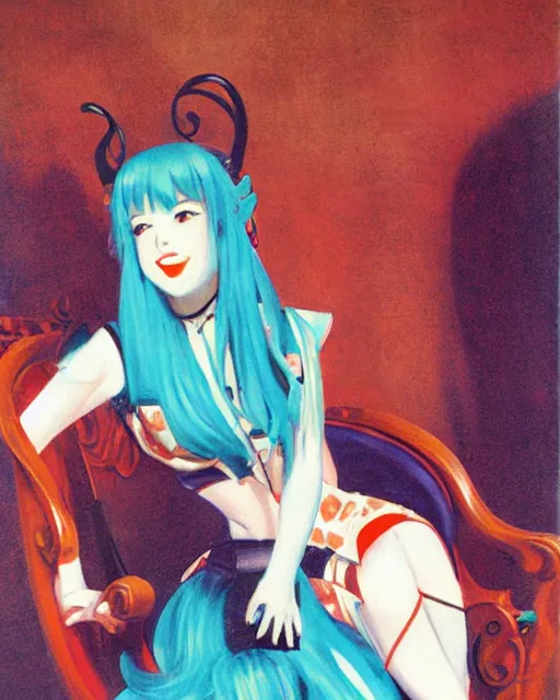 Image similar to A very beautiful painting of hatsune Miku sitting on the chair by Enoch Bolles and Gil Elvgren