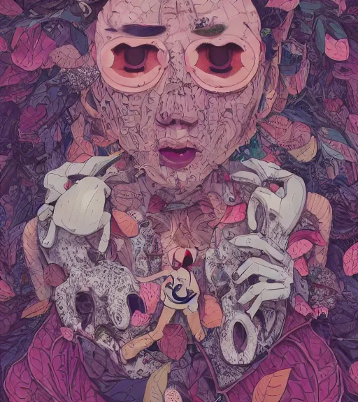 Prompt: portrait, nightmare anomalies, leaves with a doughtnut by miyazaki, violet and pink and white palette, illustration, kenneth blom, mental alchemy, james jean, pablo amaringo, naudline pierre, contemporary art, hyper detailed