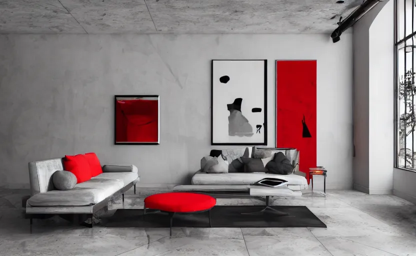 Image similar to a concrete room with a wooden table and a leather sofa and paintings on the wall, high quality, 8 k, architecture, symmetrical, harmonious, black white and red colours, calm, high coherence, natural lighting, path traced, highly detailed, hyperrealistic, concept art, octane render, unreal engine 5, trending on artstation, beautiful, elegant