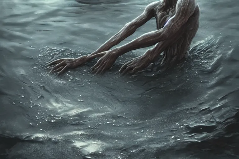 Image similar to a creepy drowned man crawling out of the water, strings of black goo hanging from his arms, very long arms, extremely long fingers, standing in shallow water, drowned, unsettling, creepy, artstation, cgsociety