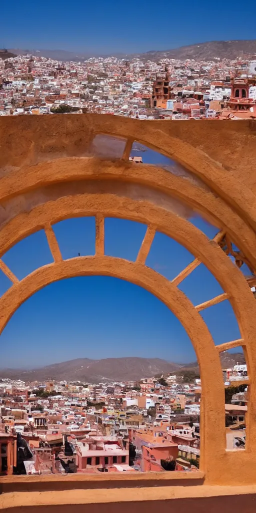 Image similar to symmetry!! arched window in foreground, guanajuato city in background, by wes anderson