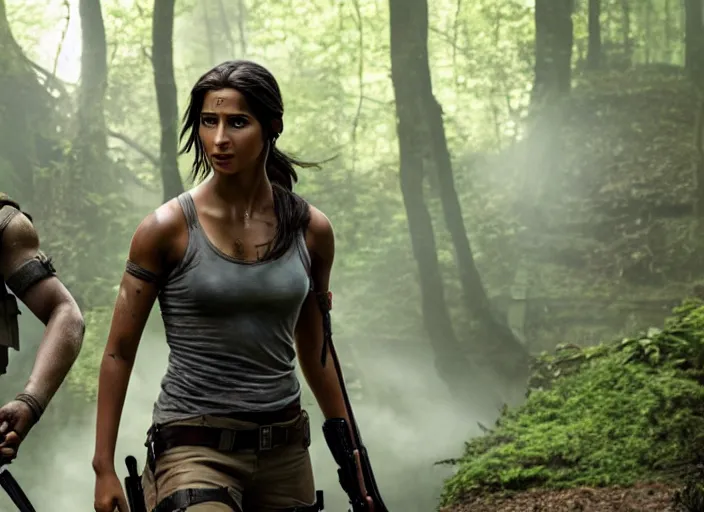 Image similar to film still of!!!! naomi scott!!! as lara croft in new tomb raider movie, 8 k