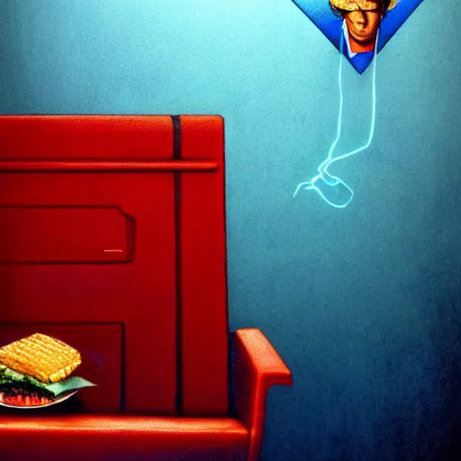 Prompt: a politician in a blue suit and red tie in an electric chair, mcdonalds french fries, beksinski, dariusz zawadzki, symmetrical, very coherent symmetrical artwork, cinematic, hyper realism, high detail, octane render, 8 k