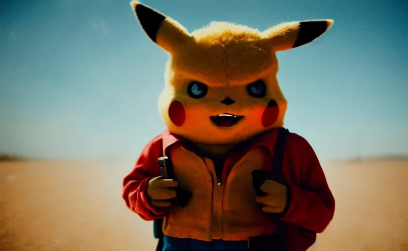 Image similar to cinestill 5 0 d candid photographic portrait by helen levitt of pikachu on a desolate plain, extreme closeup, modern cyberpunk moody emotional cinematic, dust storm, 8 k, hd, high resolution, 3 5 mm, f / 3 2, ultra realistic faces, detective pikachu