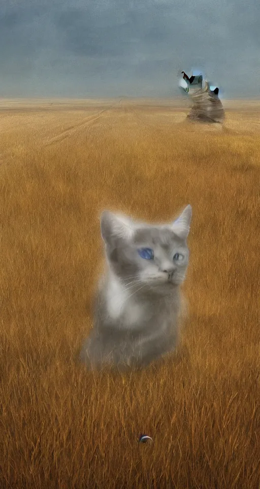 Image similar to a transparent!!! ghostly cat in the steppe, summer field, misty background, from the game pathologic 2, highly detailed, sharp focus, matte painting, by isaac levitan and asher brown durand,