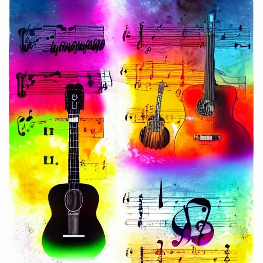 Prompt: piano guitar music notes key, bright colors, warm, in the style of charlie bowater