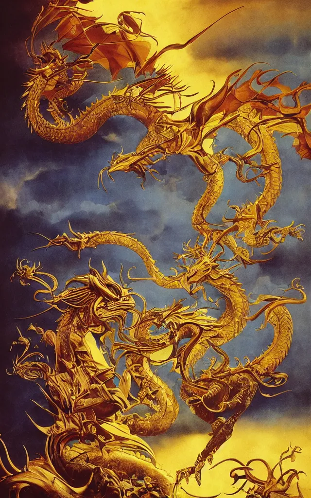 Prompt: golden dragon, epic, legendary, cinematic composition, stunning atmosphere by james jean by roger dean by lee madgewick