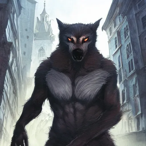 Prompt: werewolf in the city lviv high castle, portrait, highly detailed, full body, digital painting, trending on artstation, concept art, sharp focus, illustration, art by artgerm and greg rutkowski and magali villeneuve