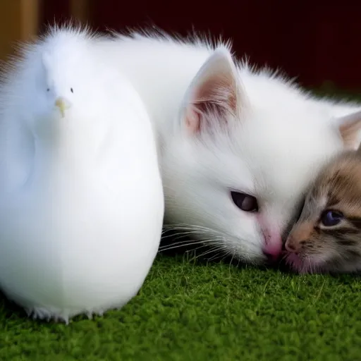 Prompt: Kitten hugging a white duck