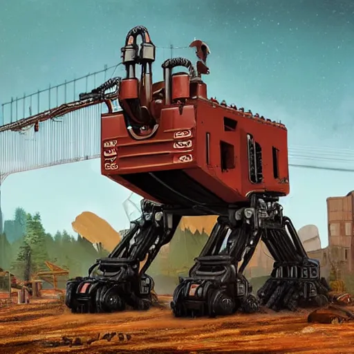 Image similar to giant scary quadrupedal mining machine with drill, four legs, highly detailed body, retro, industrial, in the style of simon stalenhag