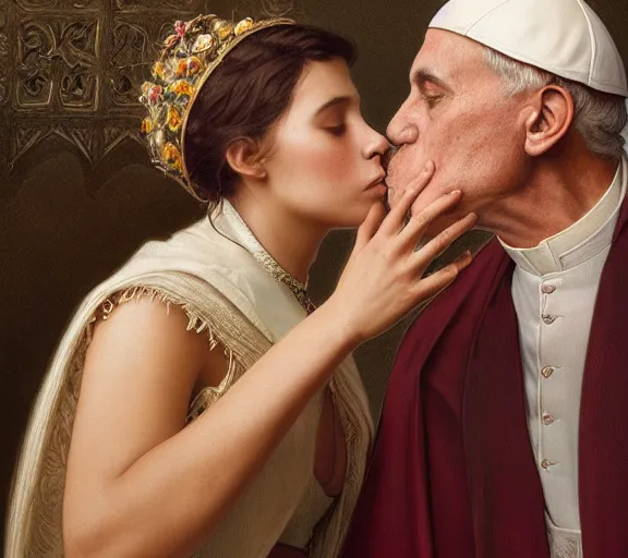 Image similar to photography of a pope kissing the breast of a sensual woman, deep focus, intricate, elegant, highly detailed, digital painting, artstation, concept art, matte, sharp focus, illustration, art by artgerm and greg rutkowski and alphonse mucha