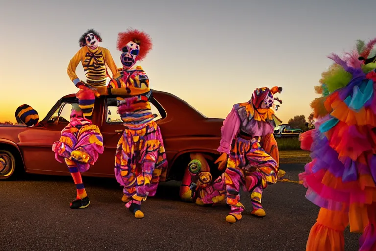 Image similar to 2 0 clowns leaving a clowncar at a california drive in, in 2 0 1 2, cutecore clowncore, bathed in the the glow of the sunset, low - light photograph, in style of tyler mitchell