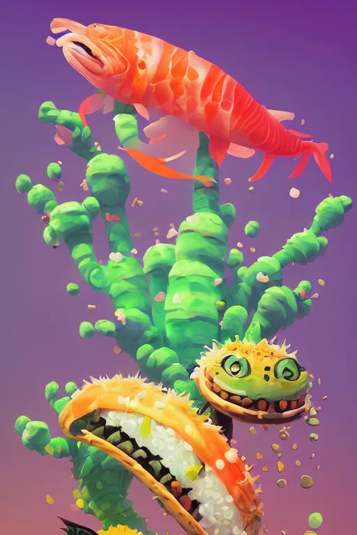 Image similar to 3 d render creature animal sushi cristal very big eye roots cactus elemental flush of force nature micro world fluo fishscale, comics gta 5 cover, official fanart behance hd artstation by jesper ejsing, by rhads, makoto shinkai and lois van baarle, ilya kuvshinov, ossdraws