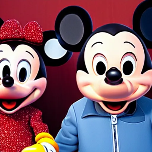 Image similar to walter white and jesse pinkman doing a selfie with mickey mouse, realistic